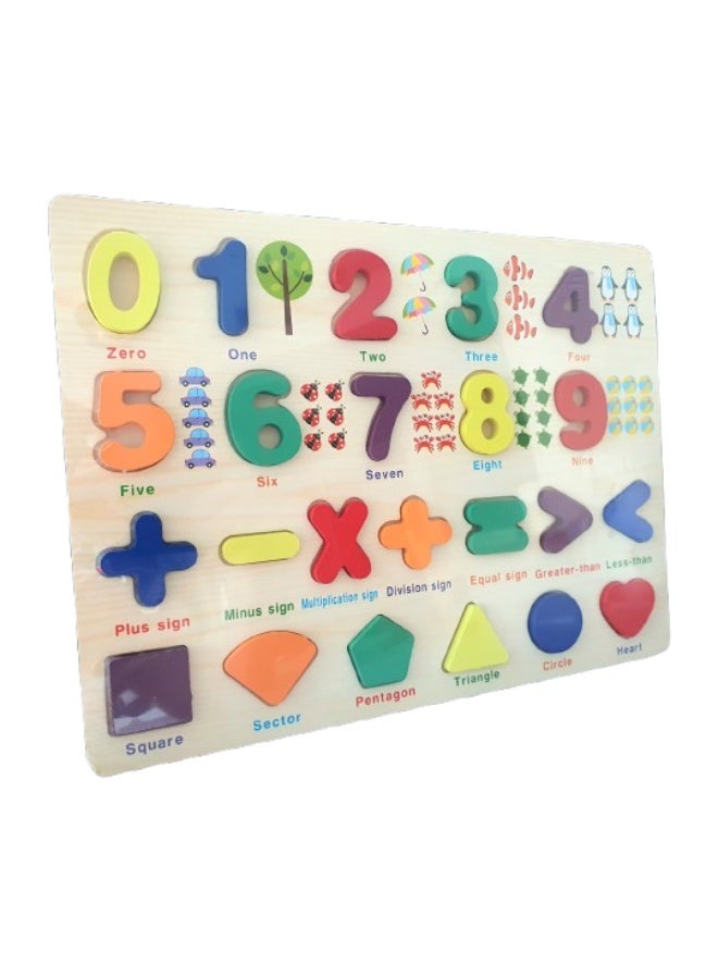 3-in-1 Wooden Learning Puzzle board: Numbers, Math signs  Shapes for Kids - Image 2